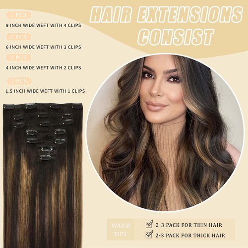 Clip in Hair Extensions,22 Inch Straight Hair Clip in Extensions Seamless Straight Hair Extensions Thick Long Synthetic Hairpieces For Women Natural Hair(Natural Black Mixed Chestnut Brown)