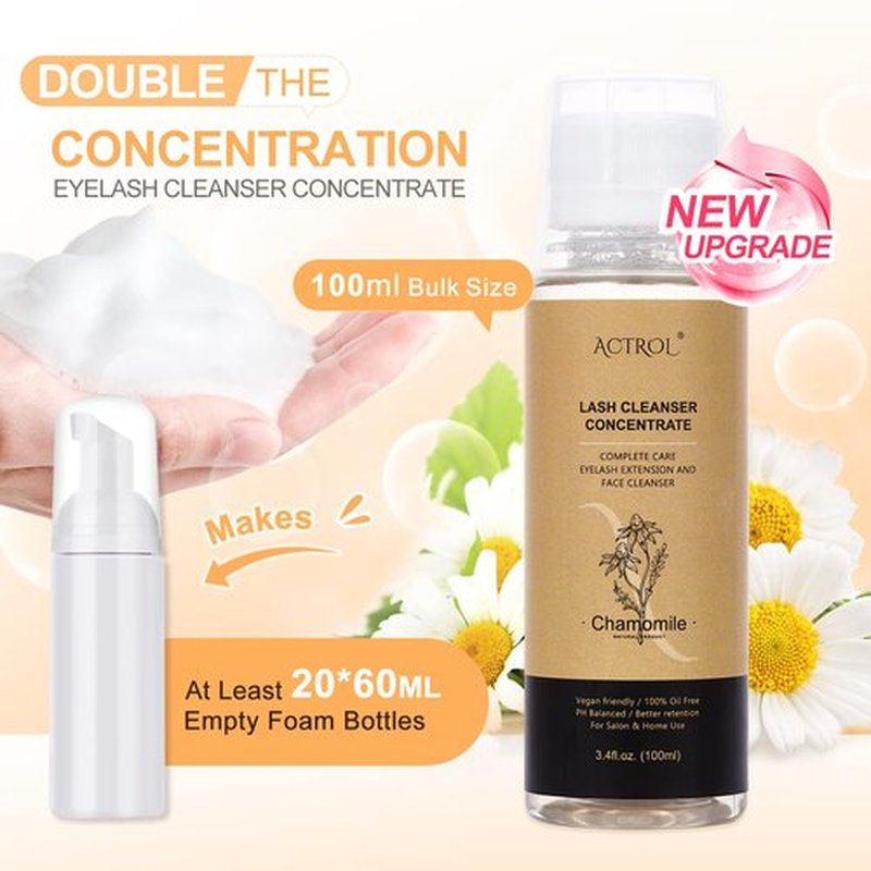 ACTROL Eyelash Cleanser Concentrate 100ml Chamomile Professional Lash Shampoo Foaming Cleanser Paraben & Sulfate Free Non-lrritating Wash for Extensions Lashes with Salon Home Care-Makes 20 Bottles