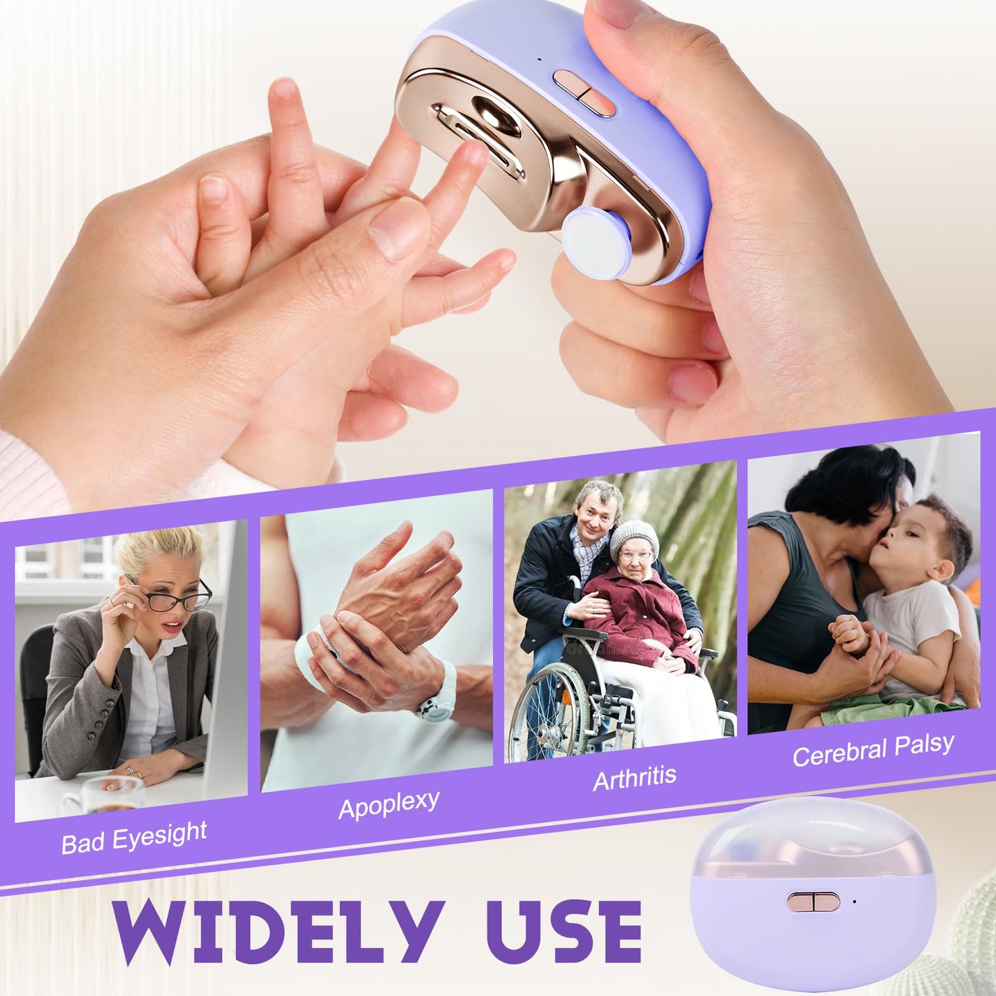 3 in 1 Automatic Electric Nail Clipper with Polishing, Safe and Convenient Nail Trimmer with Nail Clip Storage, 2 Speed Electric Toe Nail Clippers Nail Cutter with Light for Kids Adults (Purple)