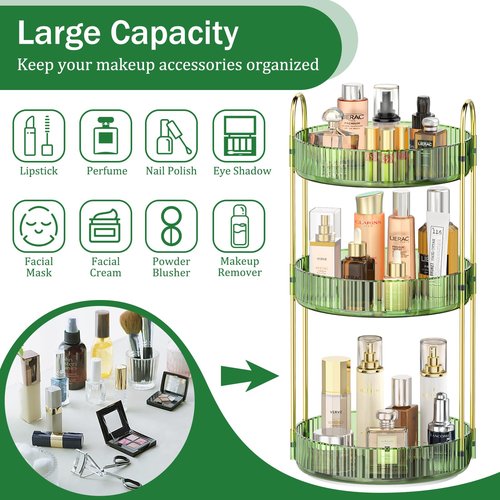 MOKANI 360 Rotating Makeup Organizer for Vanity, 3 Tier Adjustable Perfume Organizer for Dresser, Multi-Function Spinning Cosmetics Skincare Organizer for Bedroom, Dresser, Countertop, Green