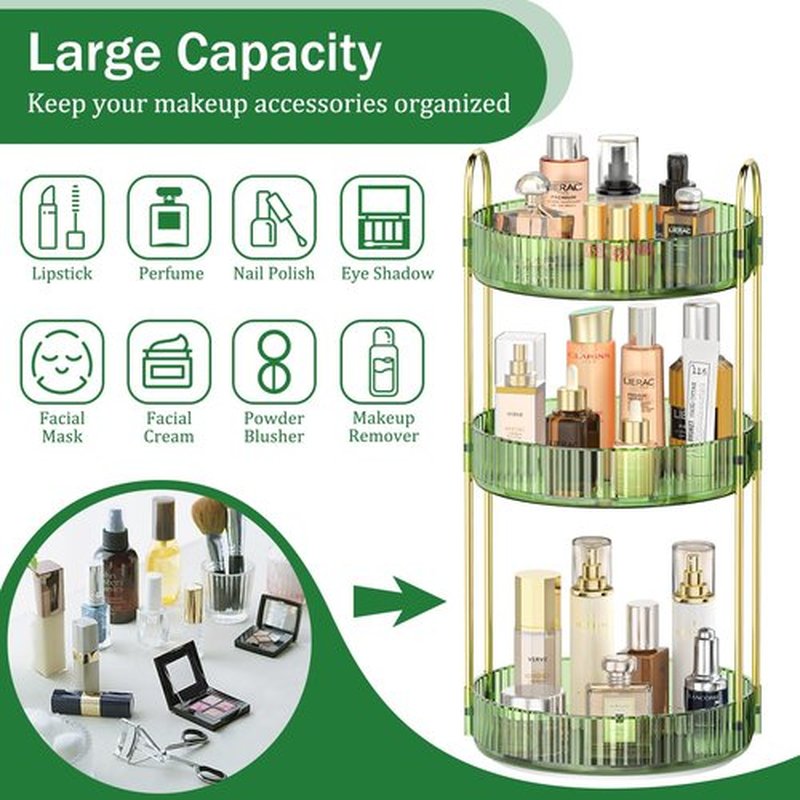 MOKANI 360 Rotating Makeup Organizer for Vanity, 3 Tier Adjustable Perfume Organizer for Dresser, Multi-Function Spinning Cosmetics Skincare Organizer for Bedroom, Dresser, Countertop, Green