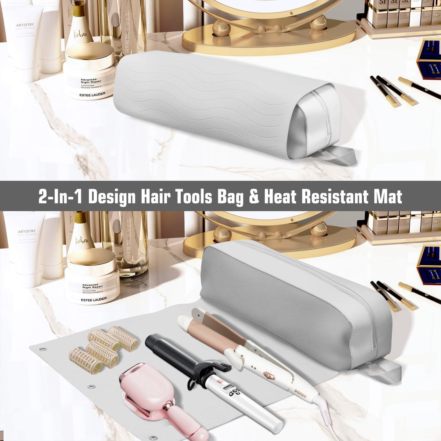 Hair Tools Travel Bag, Upgraded Large Travel Bag with Heat Resistant Mat, 2-in-1 Design Hair Tool Organizer Bag for Curling Iron, Hair Dryer, Straighteners, Skincare, Best Travel Essentials (Grey)