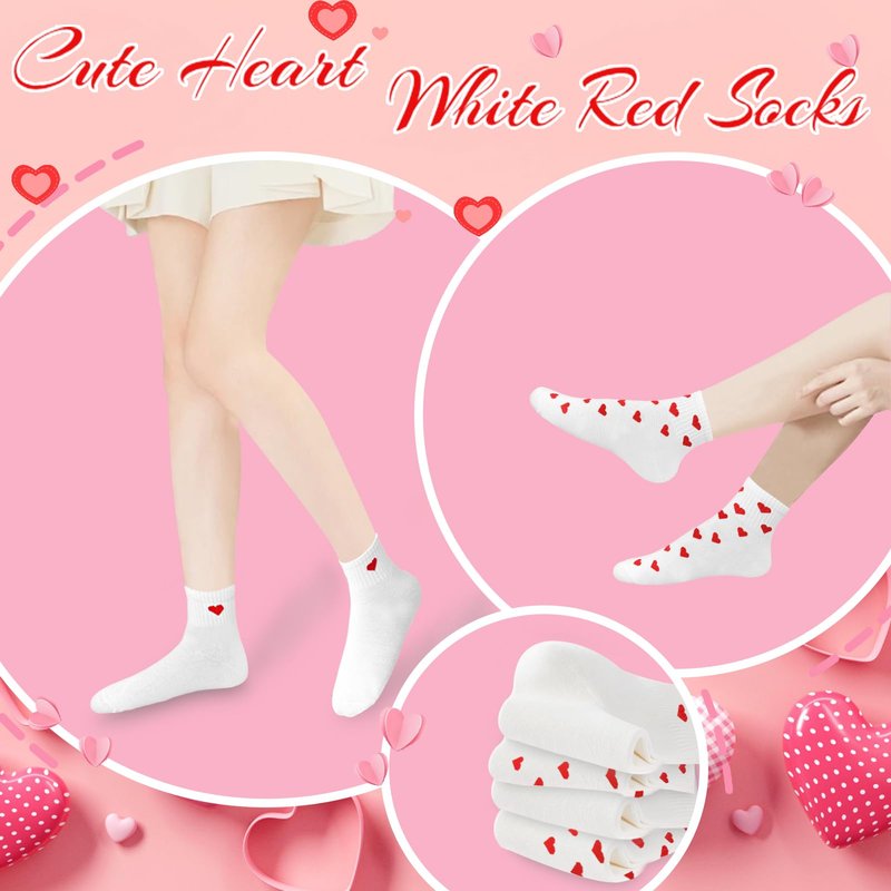 Xanllaxa 10 Pairs Cute Heart White Red Socks,2 Styles Ankle Socks for Women,Frilly Fun Heart Pattern Crew Socks,Novelty Aesthetic Sock for Girls,Valentine's Day,Gifts,Party