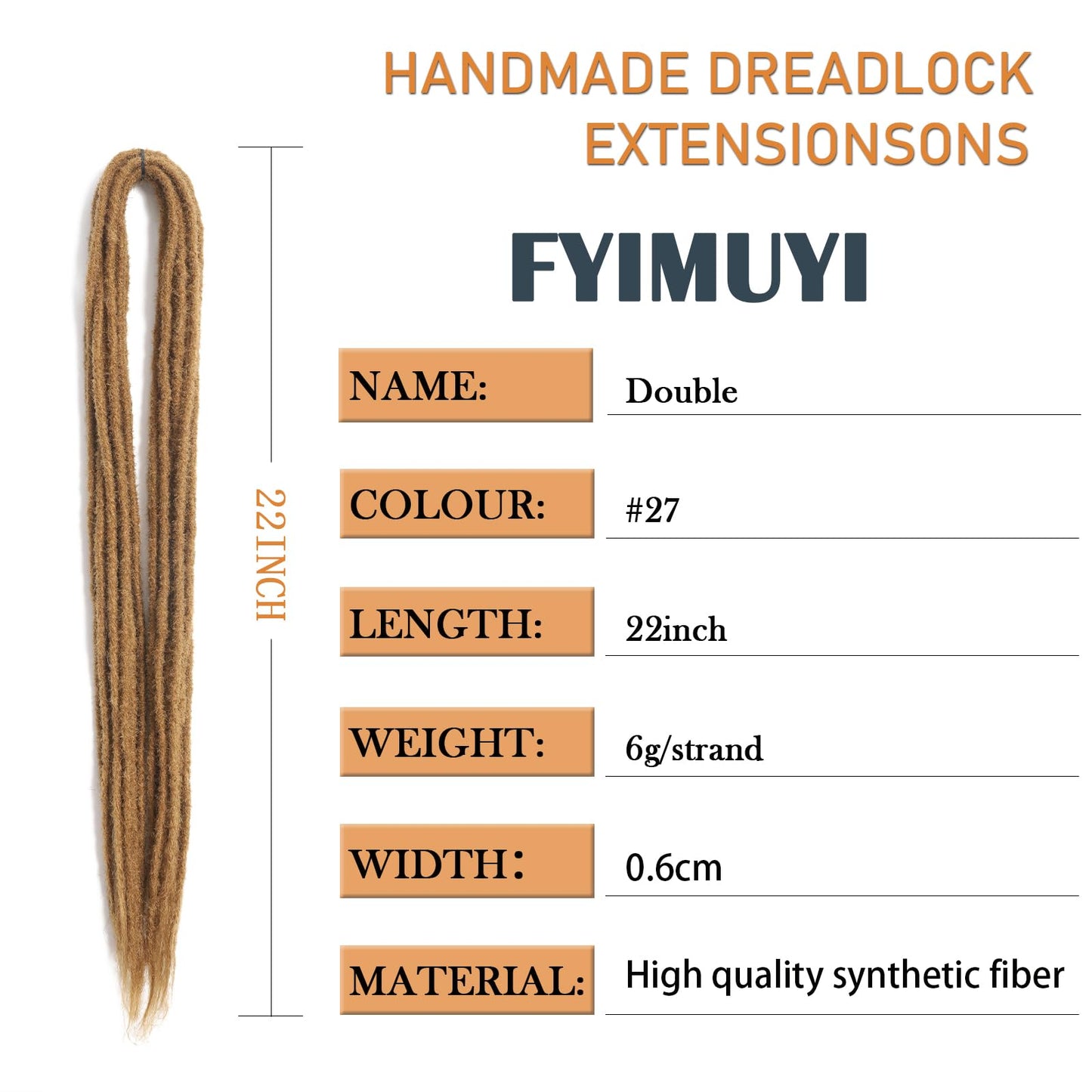 Honey Blonde Double Ended Dreadlock Extensions 22 inch Thin 0.6cm 10 Strands Handmade Synthetic DE Dreads Extensions #27