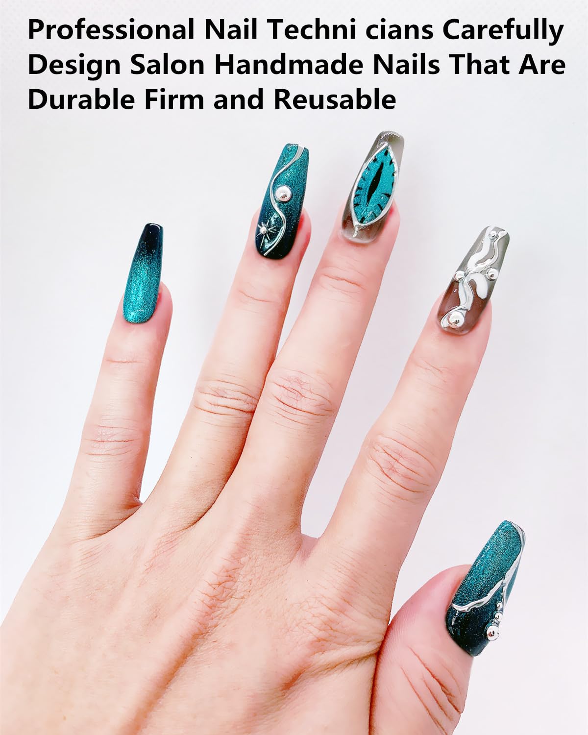CAMILCY Press on Nails Handmade Nails Luxury Reusable Fake Nails For Girls Long Coffin Armor Blue Silver Diamond Hand Painted Salon Loveful DesignAcrylic Gel UV Finished For Women 3D Nails 10PCS L