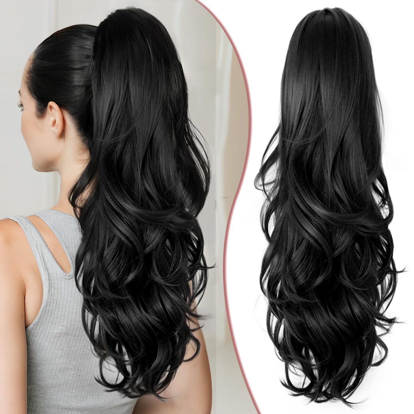 SHNMIN Ponytail Extension, Drawstring Ponytail Extension for Women 24 inch Long Wavy Pony Tails Clip in Ponytail Hair Extensions Synthetic Layered Ponytail for Daily Use