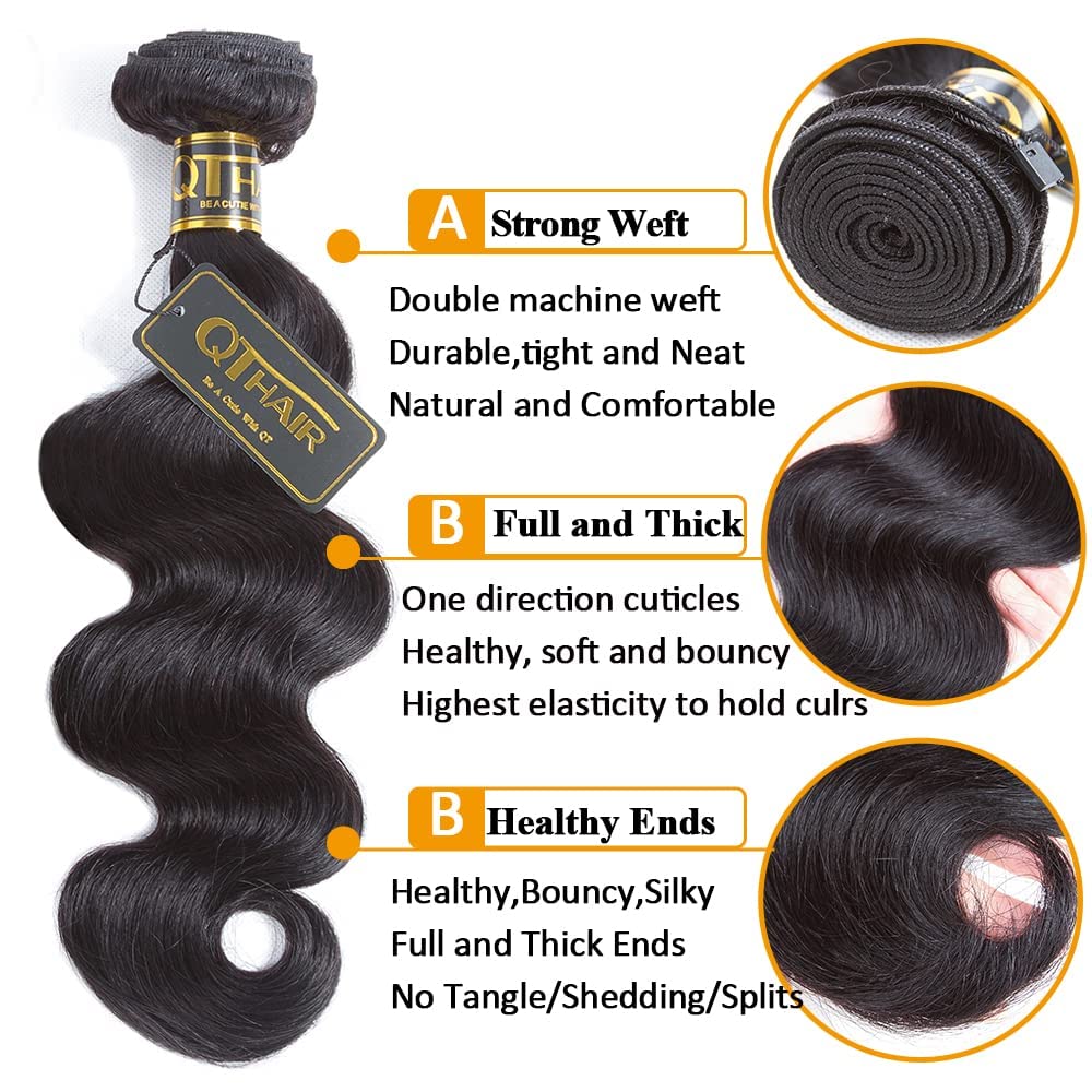 QTHAIR 16A 3 Bundles Brazilian Body Wave Virgin Hair 20" 20" 22" Natual Color 300g 100% Unprocessed Brazilian Human Hair Body Wave
