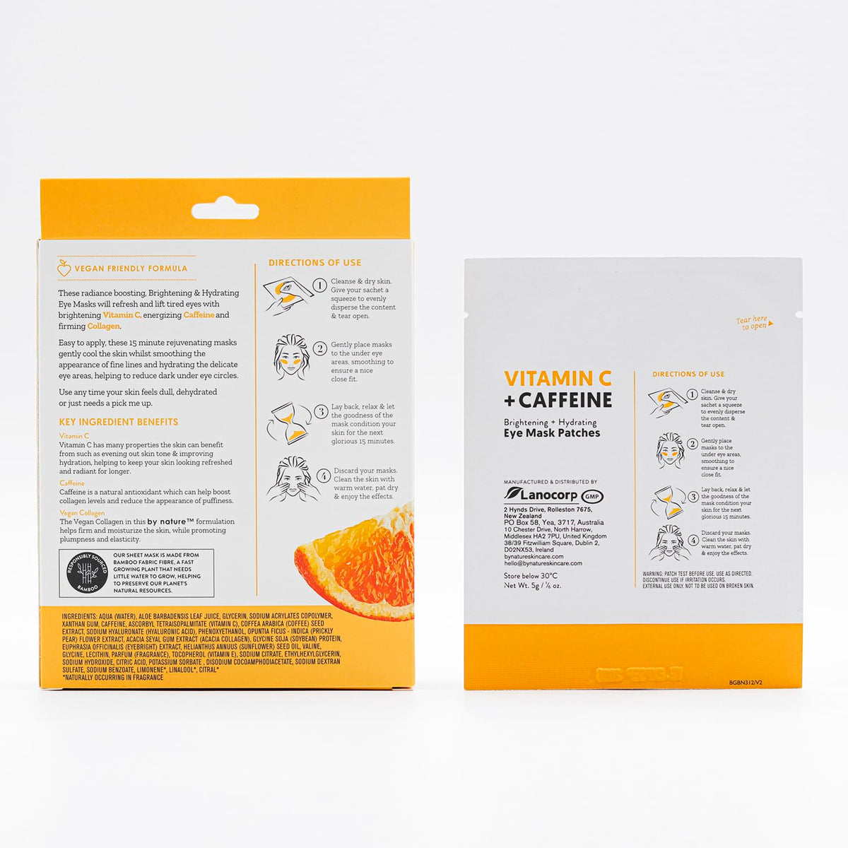 By Nature Vitamin C + Caffeine + Hydrating Under Eye Mask Patches - Energizing + Replenishing Eye Patches for Dark Circles - Skincare from New Zealand - Under Eye Patches - 5 Pairs