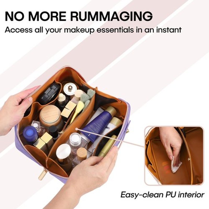 ALEXTINA Travel Makeup Bag, Vegan Leather Large Capacity Cosmetic Bags for Women,Waterproof Portable Pouch Open Flat Toiletry Bag Makeup Bag Organizer with Fixed Divider, Purple