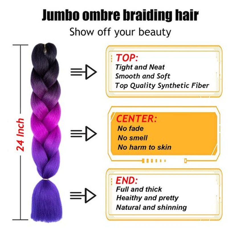 TENGSHUO FLY Black Purple Red Royal Blue Braiding Hair 6 Packs Synthetic Braid Hair Extensions Ombre Braiding Hair 24 Inch or Box Braids Twist Crochet Braids(24"6Pack,Black-Purple Red-Royal Blue)