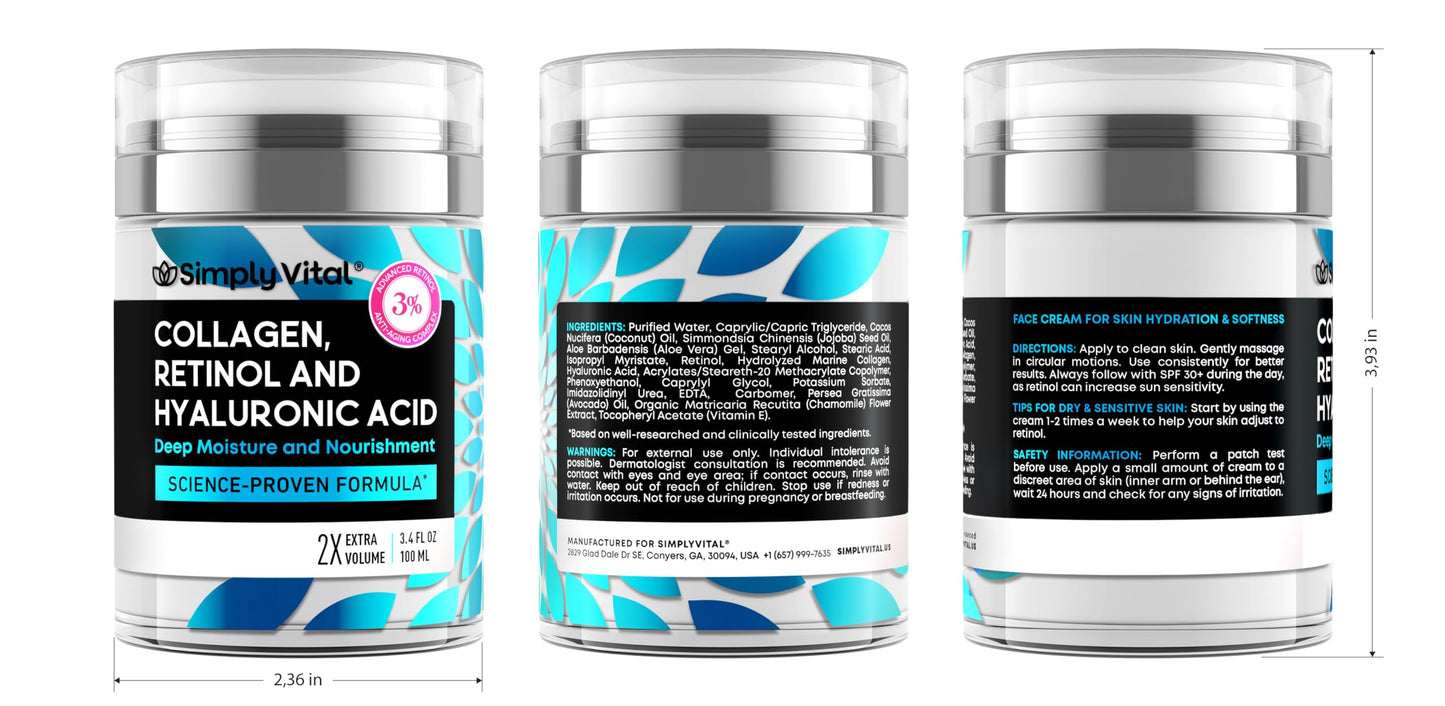 Anti-Aging Face Moisturizer with Retinol, Collagen & Hyaluronic Acid - Moisturizer Face Cream for Women & Men - Visibly Firming & Hydrating Neck Cream - Day & Night Skin Care - 3.4 fl oz