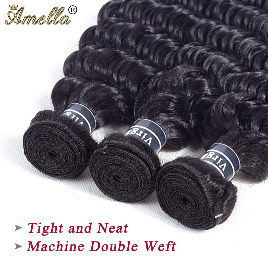 Amella Hair Brazilian Deep Wave Hair Bundles 22Inch 100% Unprocessed 1 Bundle Deep Wave Hair Weave Bundles Deep Curly Human Hair Bundles Natural Color