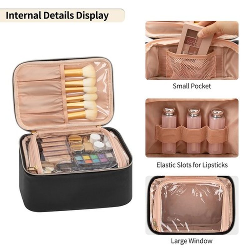 OCHEAL Makeup Bag,Travel Cosmetic Bag for Women,Large Clear Window Make Up Bag Organizer Case for Girls Cosmetics and Brushes Toiletries Accessories -Black