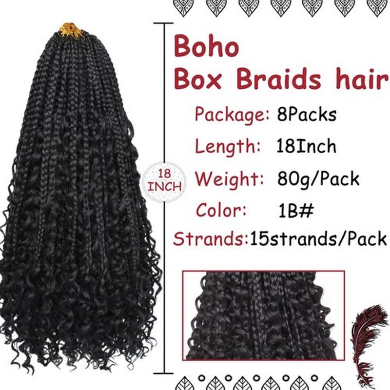 Beverlee 18 Inch Boho Box Braids 8 Packs Goddess Box Braids Crochet Hair Bohemian Hippie Braids Braiding Hair Box Braids with Curly Ends Messy Pre-looped Synthetic Crochet Hair for Women 1B#