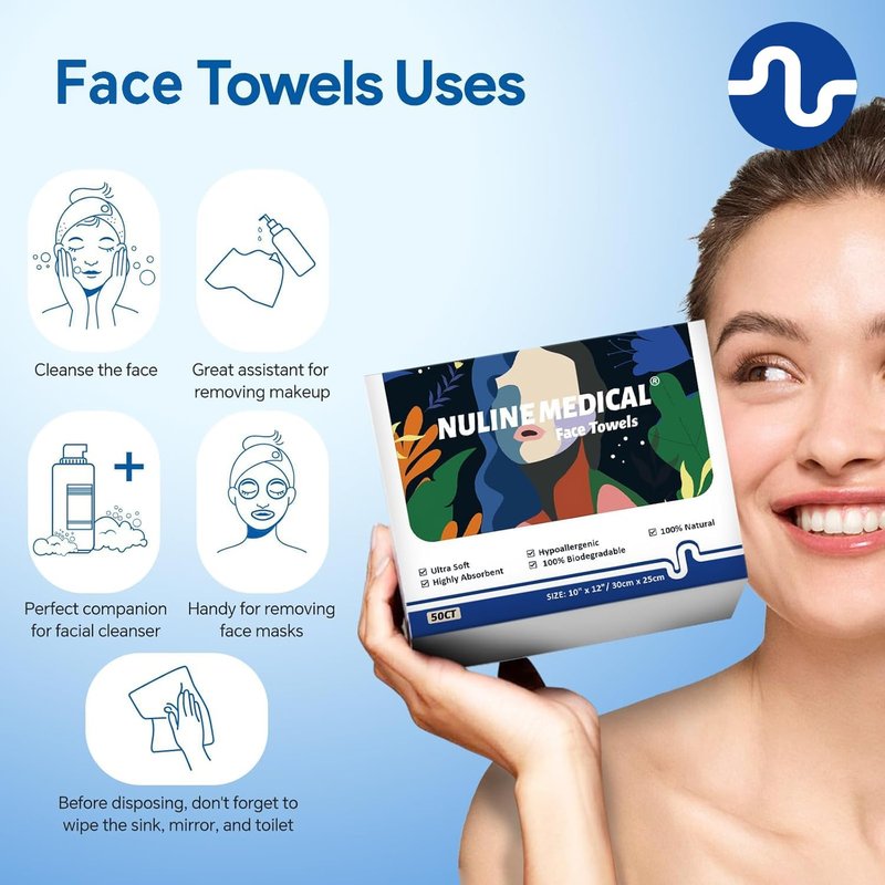 Ultra-Soft Disposable Face Towel - 50 Count/Box, 10" x 12", Biodegradable Face Towel, Superior for Sensitive Skin Face Towelette, Personal Hygiene (50 Count (1 Box))