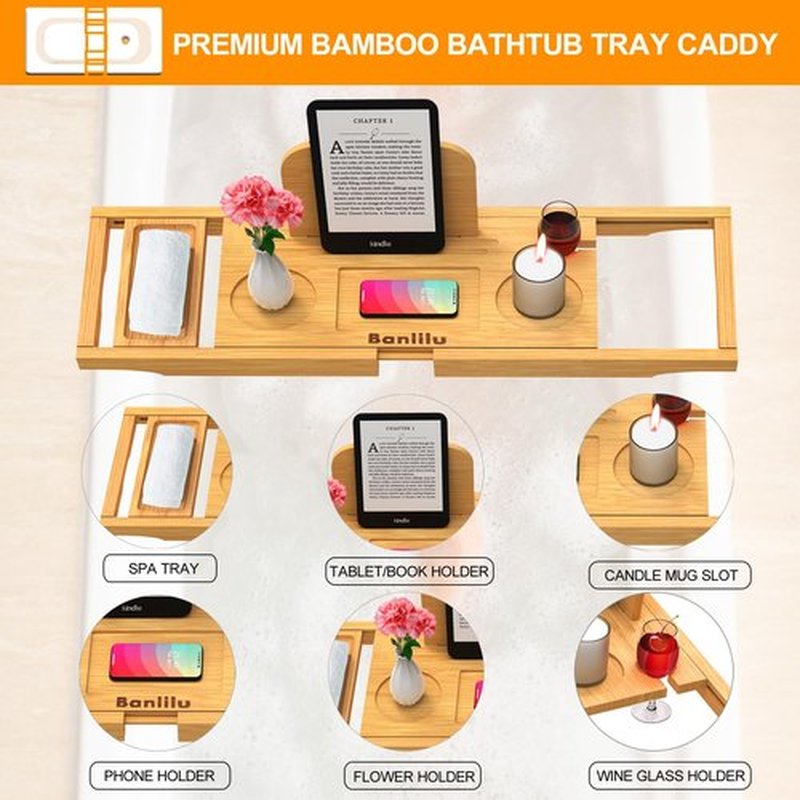 Premium Bamboo Bathtub Tray Caddy - Bath Tray - Bath Tub Tray Table for Bathtub - Bath Caddy Tray for Bathtub, Expandable Size, Fits Most Bath Tubs