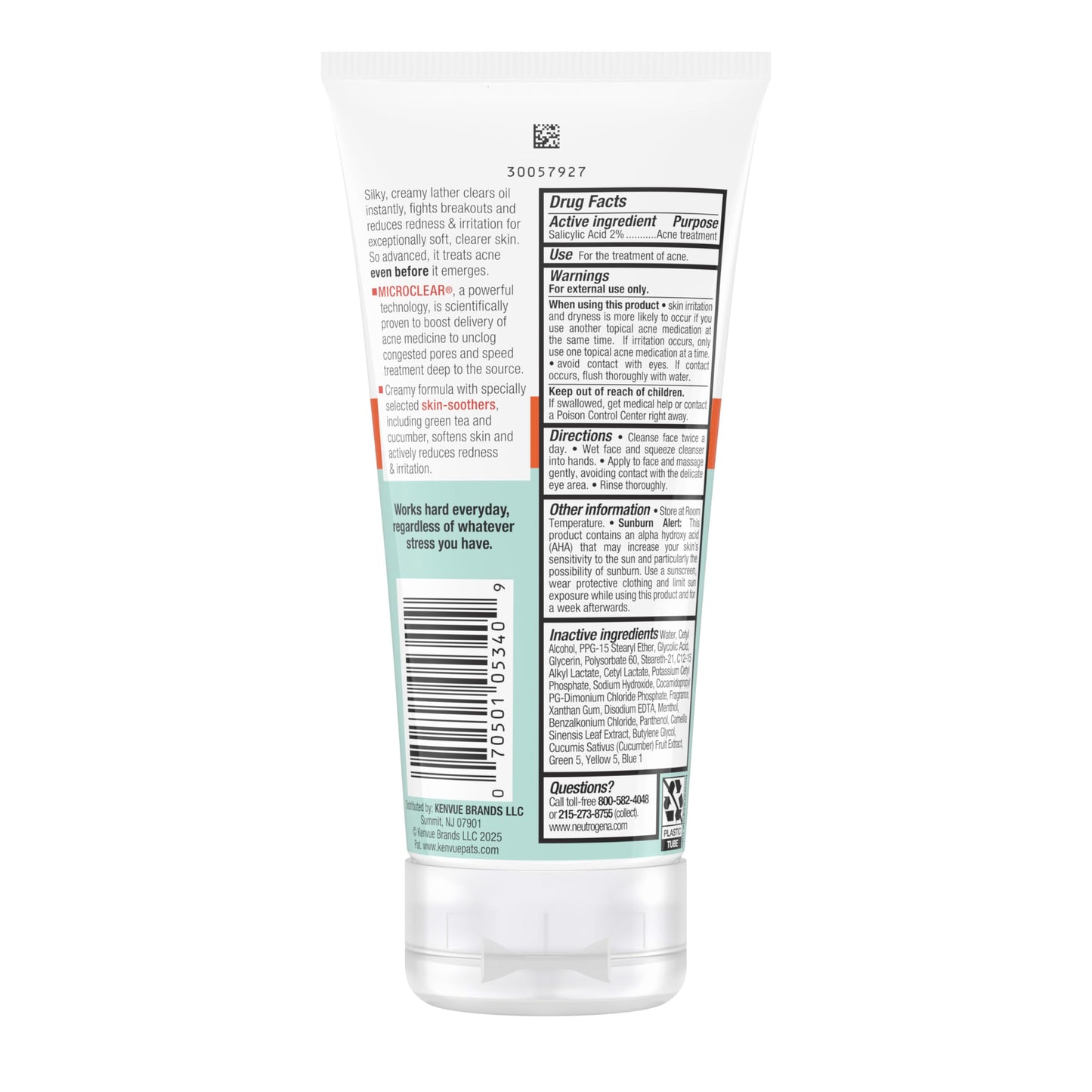 Neutrogena Oil-Free Stress Control Power-Cream Face Wash, Salicylic Acid Treatment for Acne Prone Skin, Cucumber, 6 Fl Oz, Pack of 3
