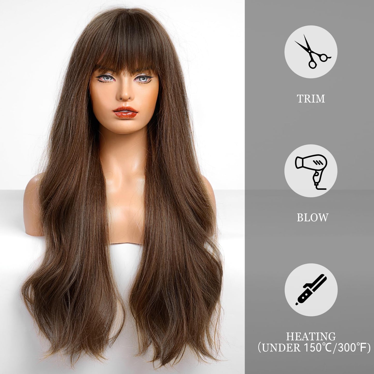 HAIRCUBE Brown Wig with Bangs for Women Brown Long Wavy Hair Wig Wig Curly Wavy Synthetic Wigs for Girls Daily Party Use