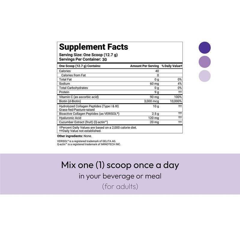 VERISOL® Hydrolyzed Collagen Peptides Type I & III with Vitamin C, Hyaluronic Acid, Biotin, Q-ACTIN® | Unflavored Powder for Smooth Skin, Thick Hair, Strong Nails & Joint Health | 30 Servings