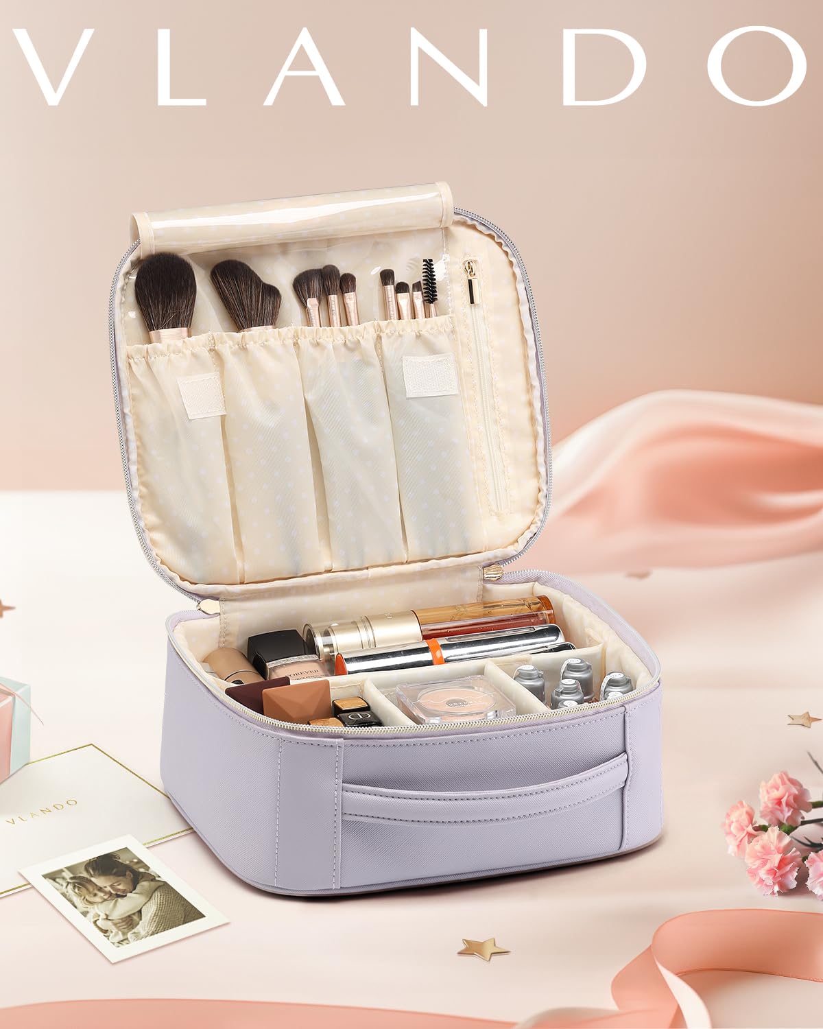 Vlando Travel Makeup Bag, Large Capacity Cosmetic Bag for Women PU Leather Makeup Case Organizer Portable Make up Bag with Dividers and Handle for Girls,Wedding,Makeup Brushes Purple