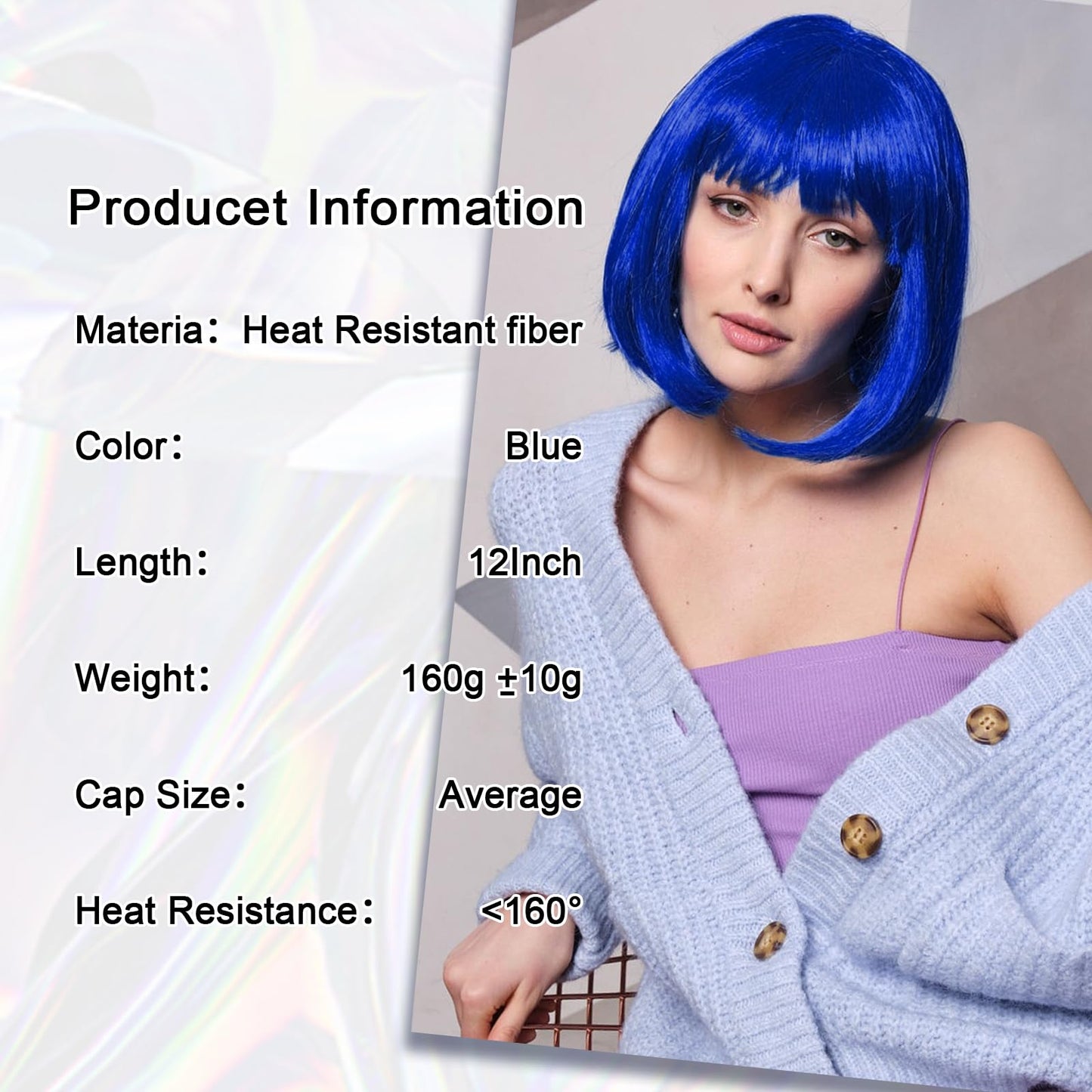 Aida ble Blue Bob Wigs - 12'' Short Bob Wigs for Women Blue Bob Wig With Bangs Super Soft and Easy to Wear Straight Bob Wig, Colorful Synthetic Wig for Daily, Cosplay, Halloween