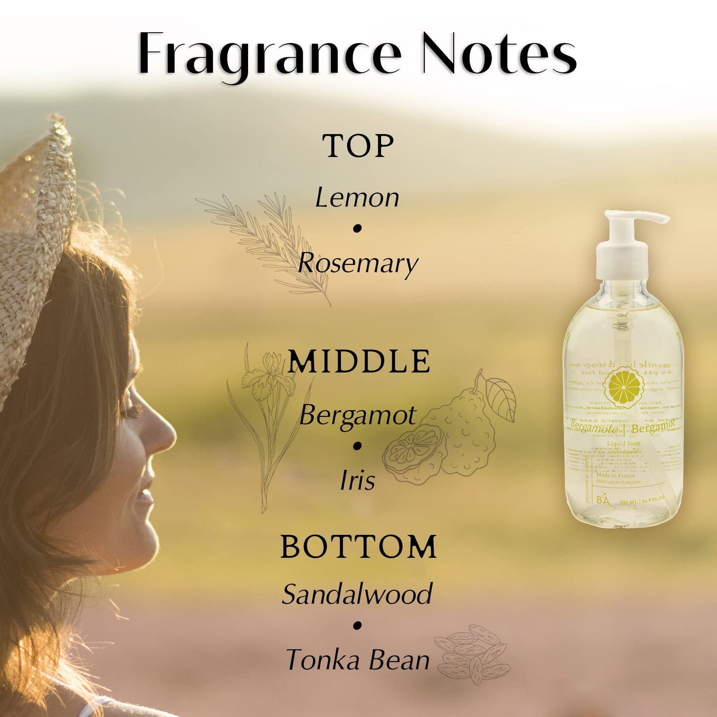 Provence Sante Natural Liquid Soap - Moisturizing Almond Oil Hand Soap with Light Citrus Bergamot Scent - Elegant Pump Dispenser for Kitchen & Bath (16.9 oz)
