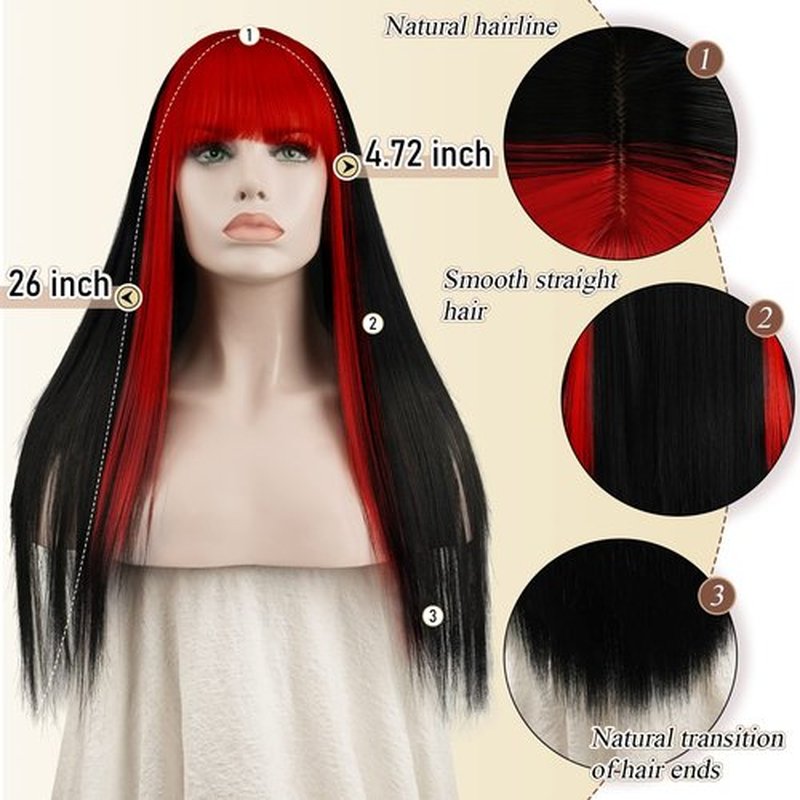 SOFEIYAN Long Straight Wig with Bangs Black with Red Strips Synthetic Hair Replacement Wigs Heat Resistant Full Wig for Women Girls 26 inches