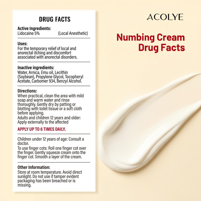 Acolye Numbing Cream Maximum Strength: 5% Lidocaine Local Anesthetic- Long Lasting Extra Relief with Menthol Arnica and Emu Oil (2 Fl Oz)
