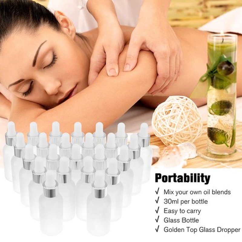 PrettyCare Eye Dropper Bottle 1 oz (24 Pack Frosted Glass Bottles 30ml with Silver Caps, 48 Labels, Funnel & Measured Pipettes) Empty Tincture Bottles for Essential Oils, Perfume