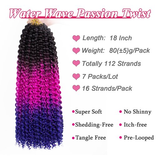 Leeven 7 Packs Water Wave Crochet Passion Twist Hair For Butterfly Locs 18 Inch 3 Tones Ombre Purple to Blue Curly Passion Twists Crochet Hair 49# Synthetic Bomb Twist Braiding Hair Extensions
