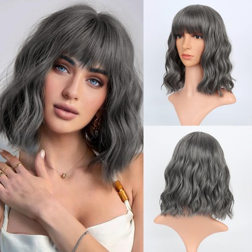 VCKOVCKO 12Inches Loose Wave Bob Wig Wavy Grey Bob Wig with Air Bang Curly Hair Wigs Synthetic Cosplay Party Wigs for Women (12Inches,Deep Grey)