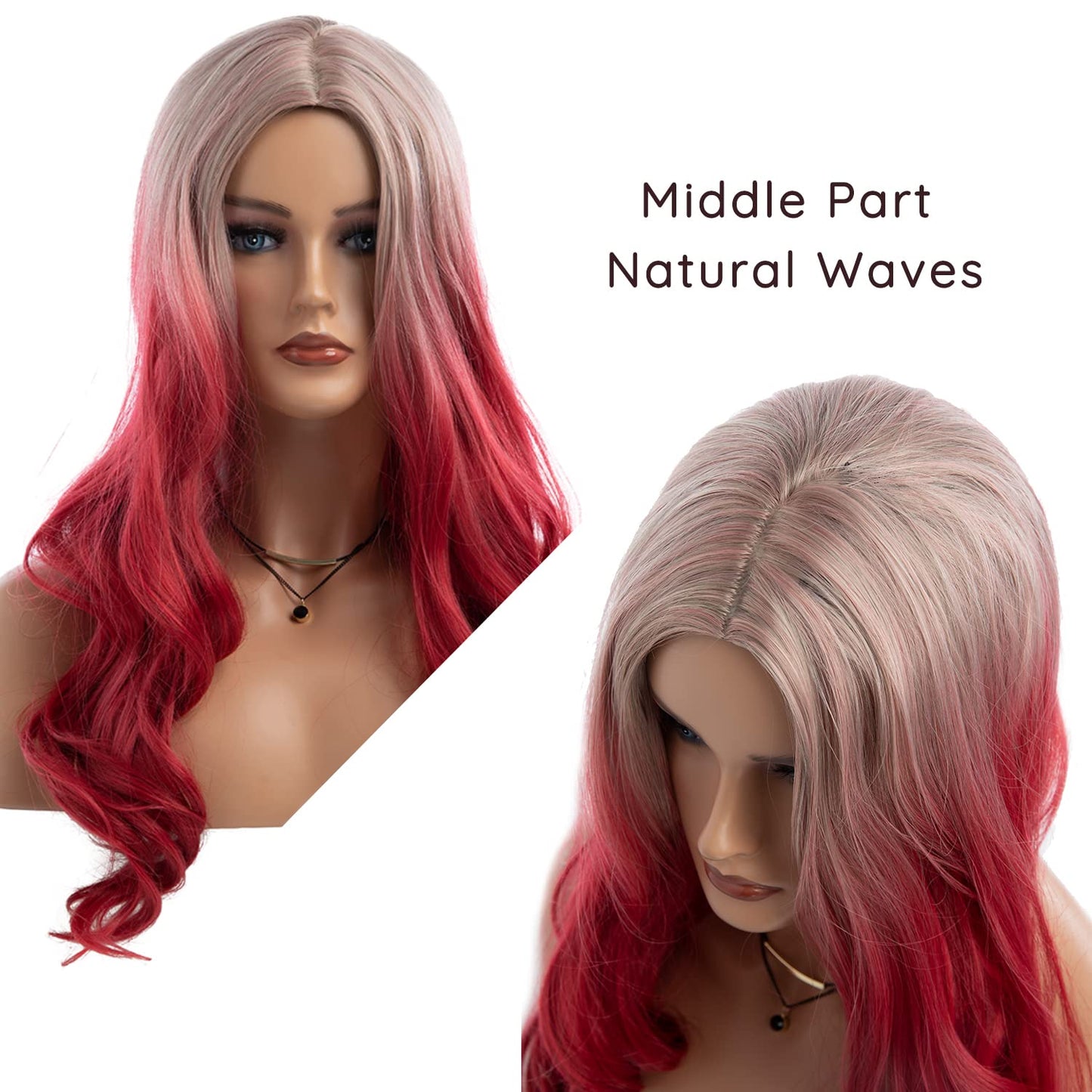 Beweig Long Curly Wavy Silver Grey to Red Wig Middle Part Natural Looking Synthetic Cosplay Wig for Women