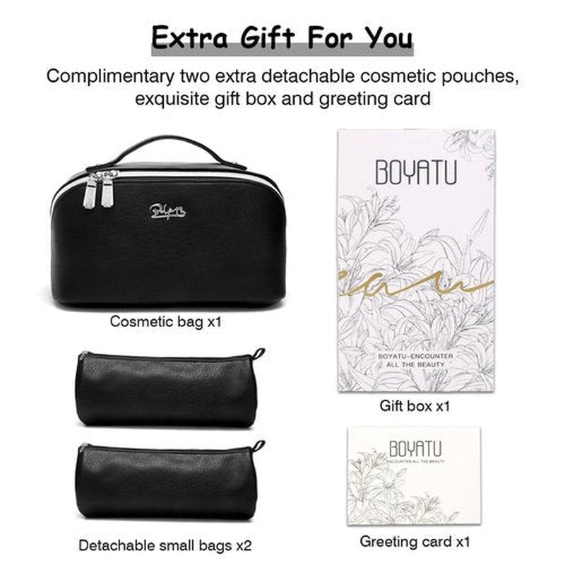Travel Makeup Bags Cosmetic Organizer Bag: 3-Set Large Capacity Make up Bag - PU Leather Toiletry Bag for Women - Wide Open Portable Pouch with Divider & Handle (10-Black)