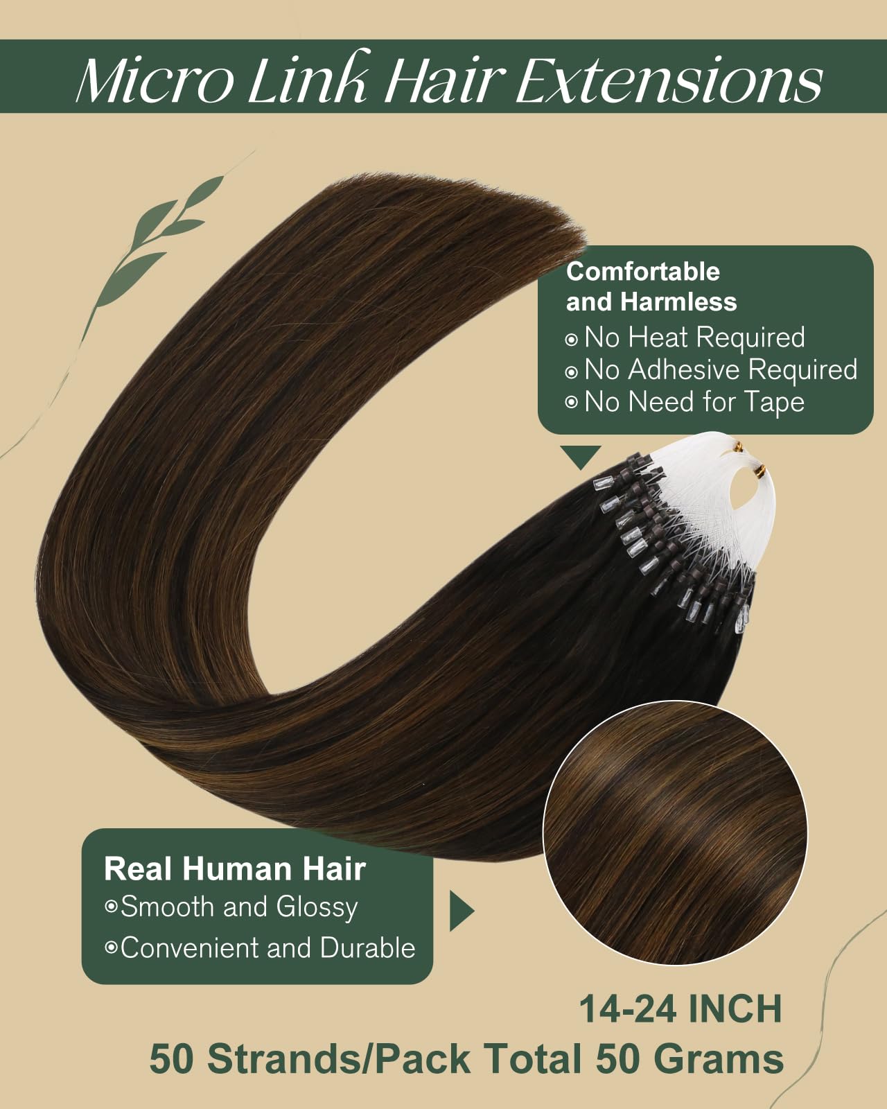 Ugeat Brown Microlink Hair Extensions Mix Balayage Dark Brown Micro Loop Real Human Hair Extensions Micro Bead Extentions for Thicker to Add Volume By Cold Fusion 14 Inch 50S 50G