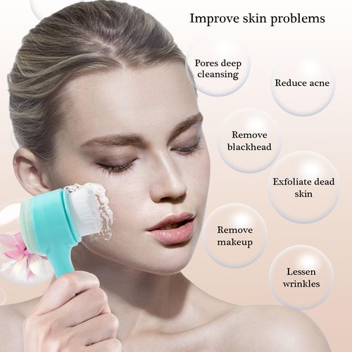 Beomeen Face Brush 2 in 1, Silicone Facial Cleansing Exfoliating Brush Soft Bristles Pore Deep Cleansing Manual Dual Face Wash Scrub Brush For Massaging, Makeup Skincare Removal, Gradient Blue