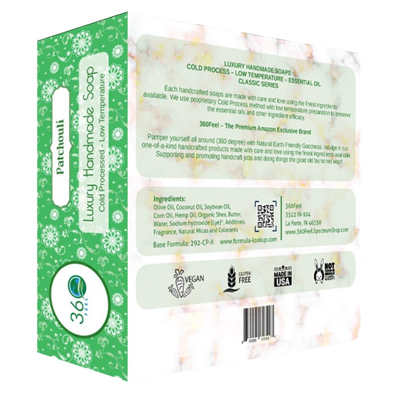 360Feel Patchouli Soap - Made in the USA - Castile Handmade, All Natural, Cold Processed - Infused with Patchouli for Relaxation and Gentle Cleanse - Rich Moisturizing Lather - 5 oz