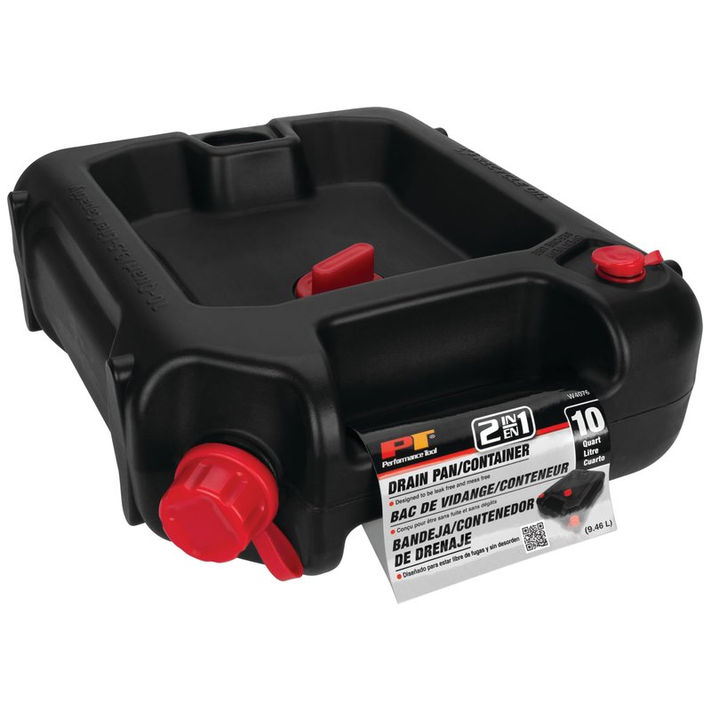 Performance Tool W4076 10-Quart Oil Drain Container, Deep Drain Well, Integrated Handle, Sealing Rubber Gaskets, Black