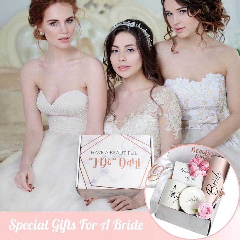 Frerdui 8Pcs Bridal Shower Gift, Bride to Be Gifts, Bridal Shower Gifts for Bride to Be, Gift Box Sets Bridal Silk Robes Tumbler Cup Mug Jewelry Tray, Wedding Engagement Gift for her(M)