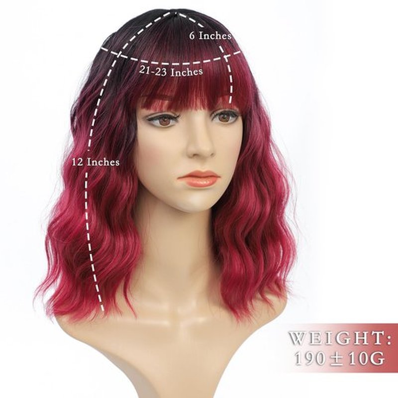 FimTim Short Wavy Bob Wig with Bangs for Women - Red Synthetic Wig for Daily Use
