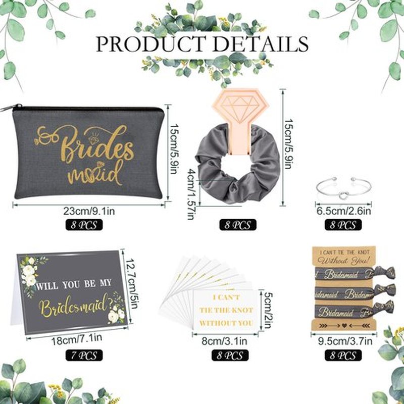 Jutom 63 Pcs Bridesmaid Proposal Gifts Bulk Maid of Honor Gifts Matron of Honor Gifts Brides Bridesmaid Cosmetic Makeup Bag Hair Knotted Bracelets Invitation Cards for Wedding Bachelorette (Honor)