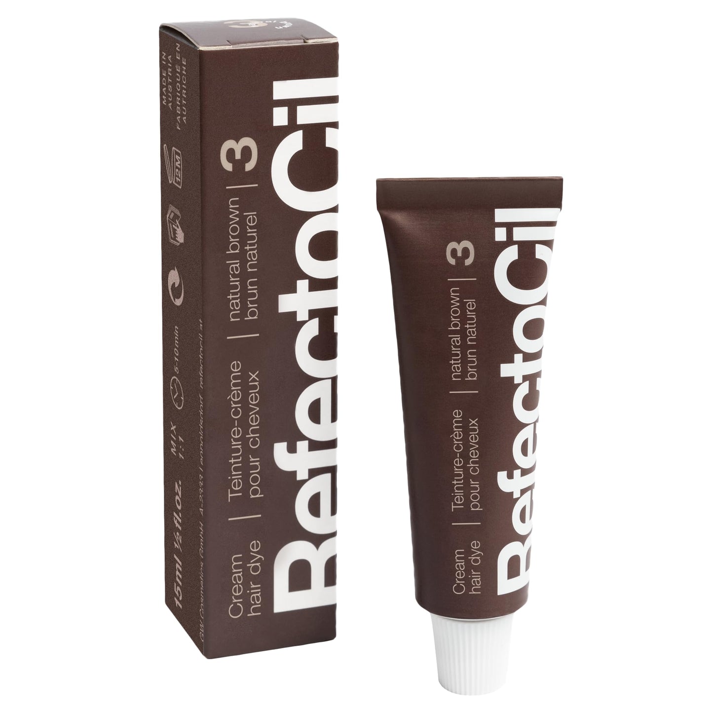 RefectoCil Natural Brown (#3) Hair Tinting Kit Includes Cream Hair Dye + Liquid Oxidant 3% + Mixing Brush & Mixing Dish