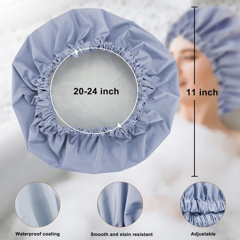 Reusable Shower Cap for Women, Large Waterproof Shower Bonnet Washable Elastic Band Bath Hair Hat for Long Hair, Braids(Gray)