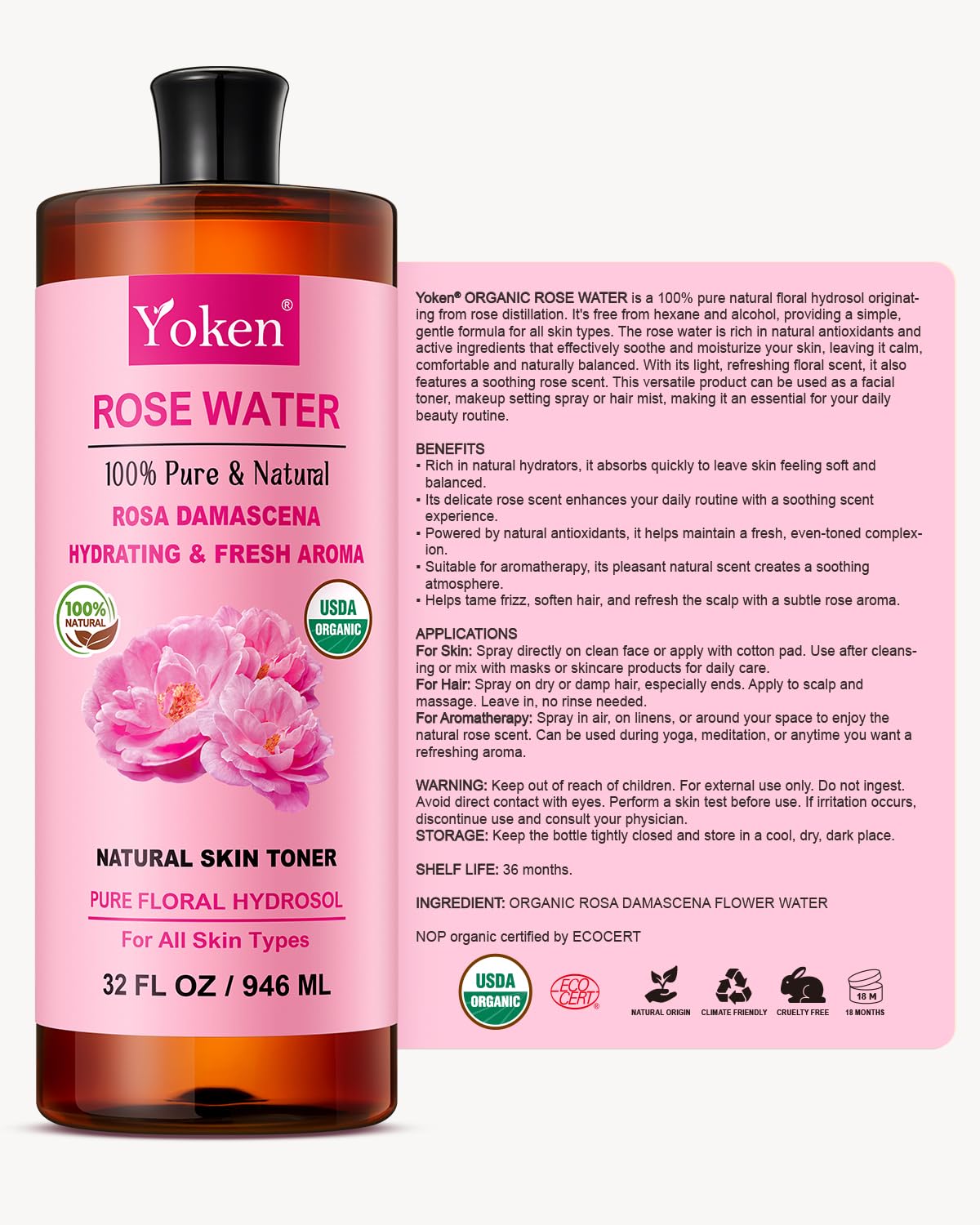 Yoken Pure Rose Water Toner for Face, 32 Fl Oz Bulk, 100% Rosa Damascena Rose Hydrosol, Refreshing Rosewater for Hair, Skin, Alcohol Free, Dye Free