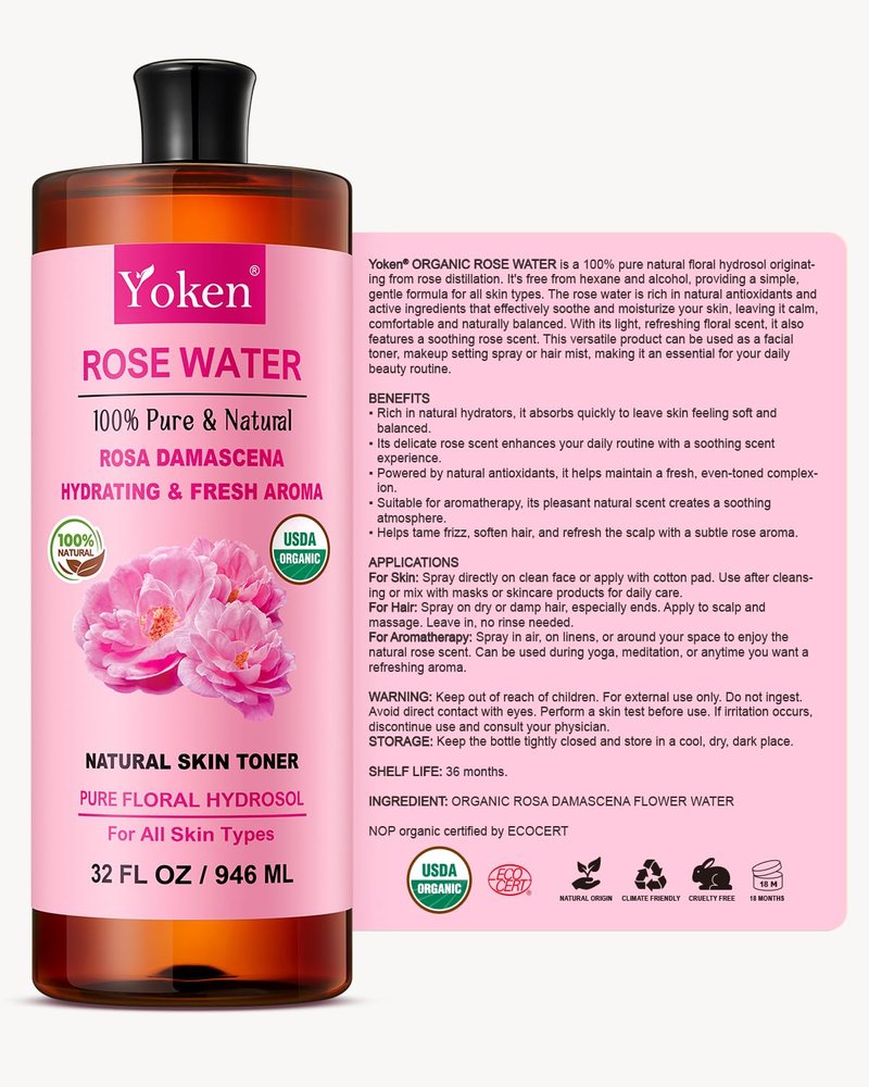 Yoken Pure Rose Water Toner for Face, 32 Fl Oz Bulk, 100% Rosa Damascena Rose Hydrosol, Refreshing Rosewater for Hair, Skin, Alcohol Free, Dye Free