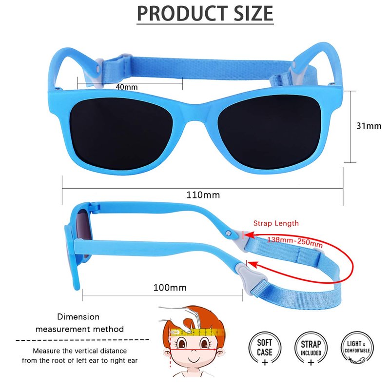 MAXJULI Baby Infant Sunglasses Safe, Soft, With Adjustable Strap 0-24 Months BPA Free (Black/Black+Blue/Black