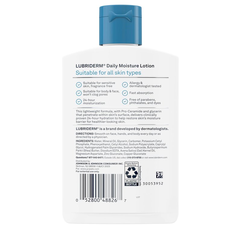 Lubriderm Fragrance Free Daily Moisture Lotion + Pro-Ceramide, Shea Butter & Glycerin, Face, Hand & Body Lotion for Sensitive Skin, Hydrating Lotion for Healthier-Looking Skin, 6 fl. oz, 6 Pack