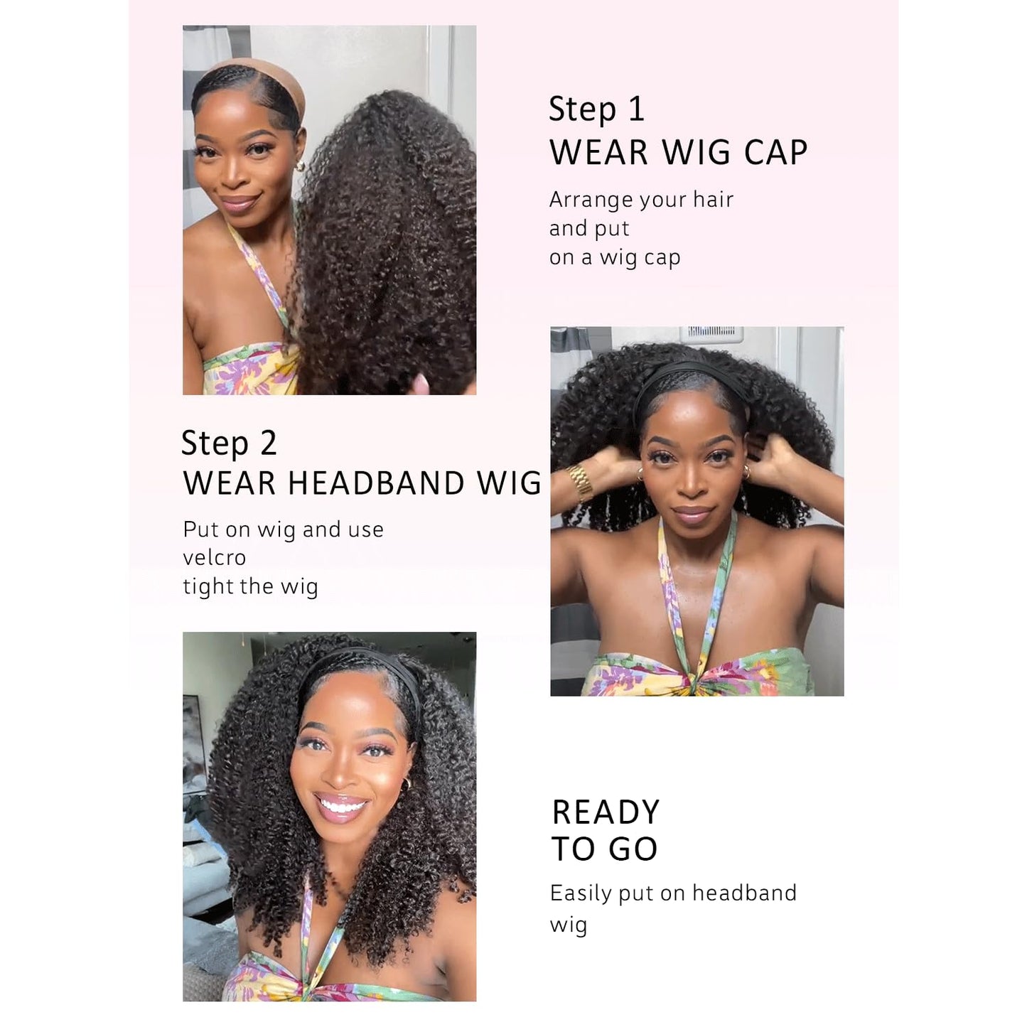 Woman's Romance Headband Wig Human Hair Wigs Kinky Curly Headband Wigs for Black Women Glueless Human hair Wig None Lace Front Wigs 180% Density Wear and Go Wig Natural Black Headband Wigs (28in)