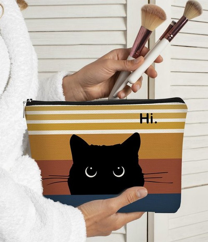 BARPERY Cat Makeup Bag, Cute Makeup Bag, Cat Gifts for Cat Lovers Women, Black Cat Gifts, Hi Black Cat Kitty Cosmetic Bag, Cat Makeup Pouch, Cat Stuff for Cat Lovers (Sunset color)