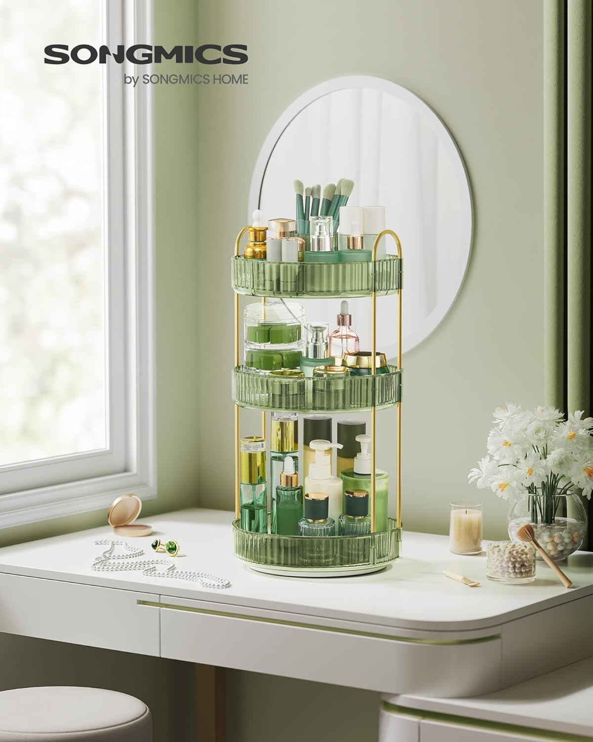 SONGMICS Makeup Organizer, 3-Tier Round Rotating Skincare Organizer Countertop, Customizable, Toiletries Vanity Organizer, Lazy Susan, Gift, Pale Green UJKA011C01