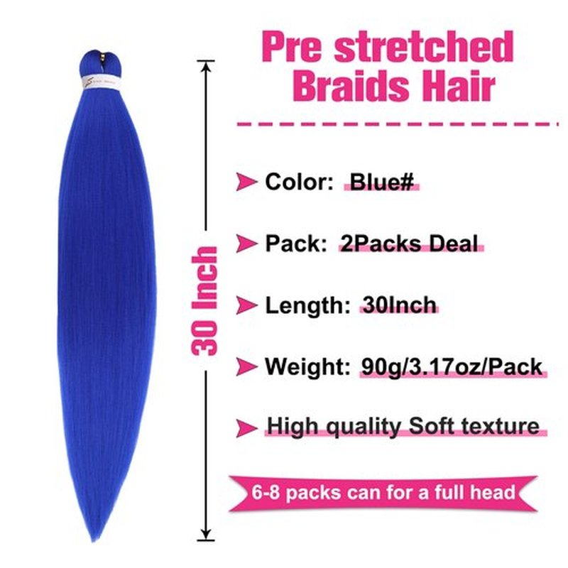 Unionbeauty 30 Inch Pre Stretched Braiding Hair 2 Packs Blue Braiding Hair for Goddess Box Braids Hot Water Setting Easy Braid Yaki Texture EZ Braids Synthetic Hair Extensions Crochet Bradids (blue#)